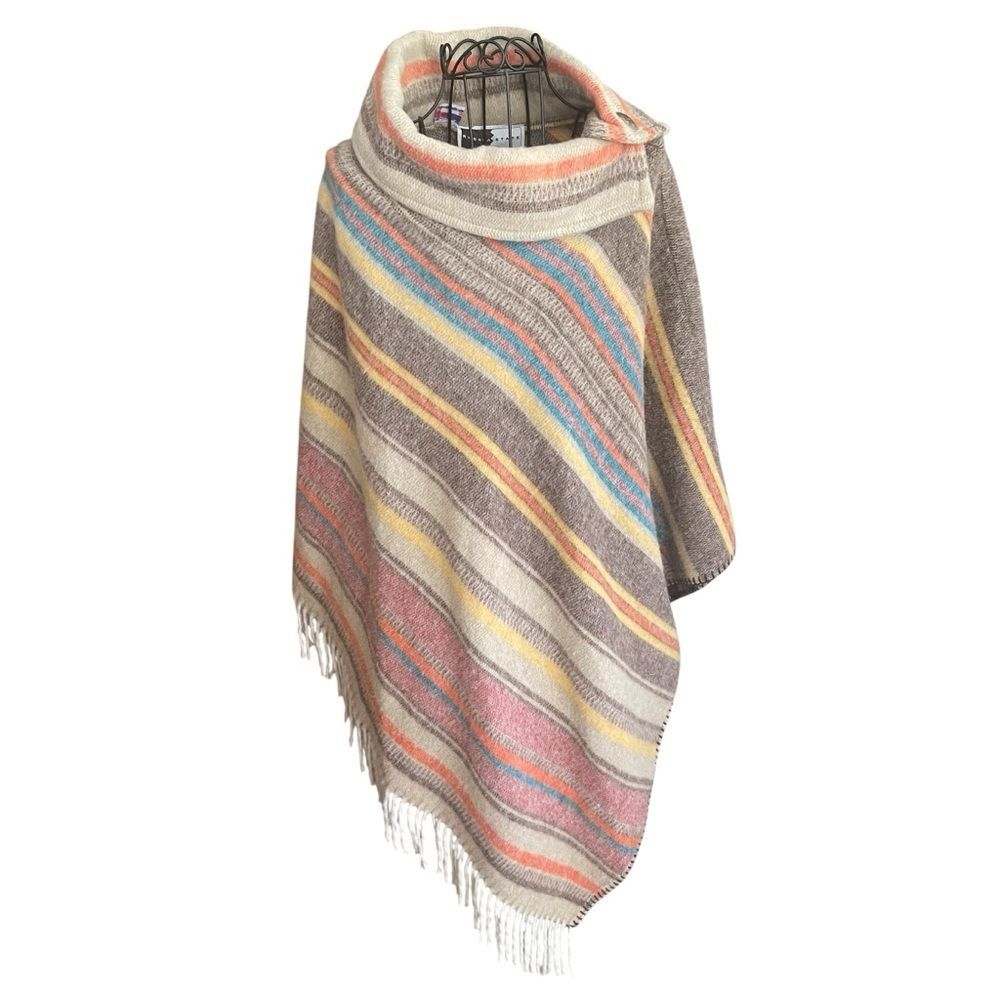 Ronda Stark Wool Blend Aztec Western Striped Multicolor Fringe Poncho Women's L